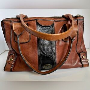 Fossil Vintage Re-Issue Brown Leather Black Stripe Zipper Satchel Shoulder Bag